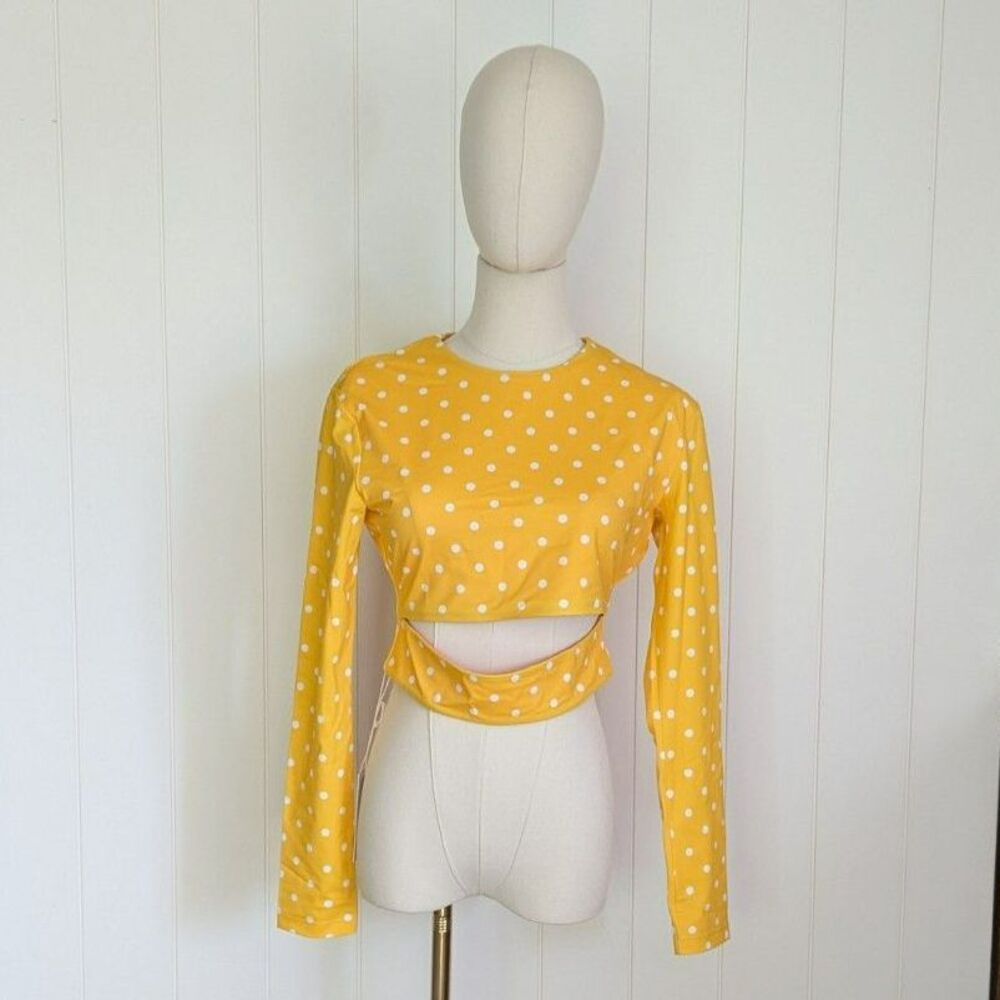 Taranaki Long Sleeved Crop Cut-Out Rashie - Yellow w/ white polka dots - Small